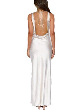 Women's White Cowl Neck Summer Satin Backless Sleeveless Elegant Maxi Dress
